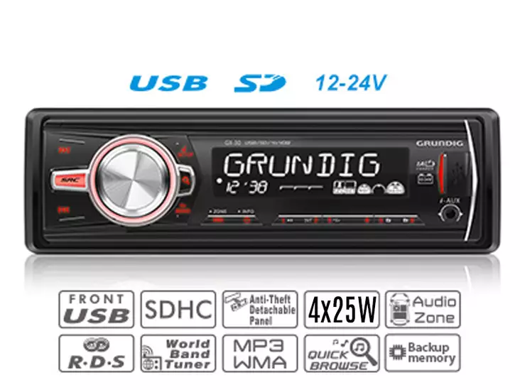 GRUNDIG GX-30 12-24V AUTOSOITIN MUISTILLA, USB - Yleisosat ja tarvikkeet - 49701 - 1