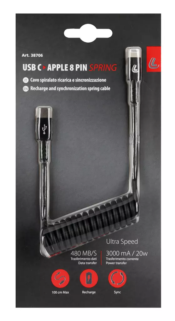 Optiline Usb-C to Apple 8Pin 1M Recoile Cable 38706 - Moottoripyörän GPS & navigointi - 98312 - 1