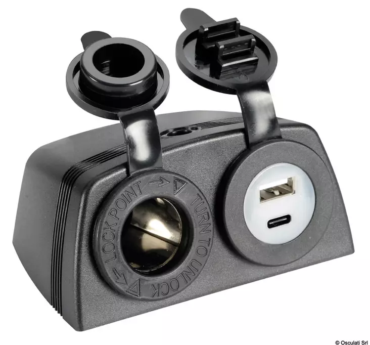 Lighter + USB-A + USB-C socket with housing - Veneen Sähkö - 68367 - 1